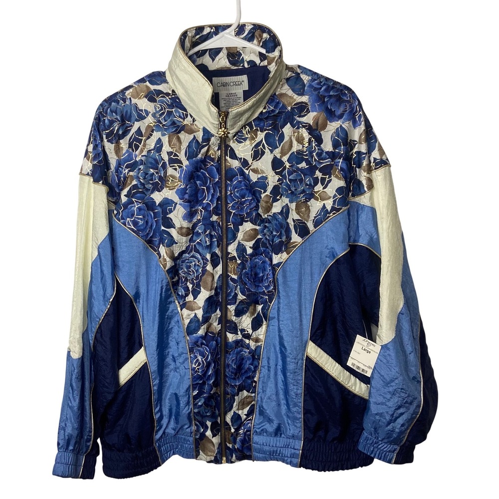Vintage‎ 90s Cabin Creek Windbreaker Jacket Floral Blue Gold Women's L NWT